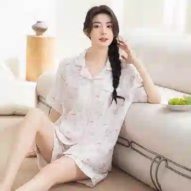 夏芬妍 甜美可爱卡通婴儿棉双层纱翻领短袖短裤家居服简约休闲可外穿睡衣套装 女款