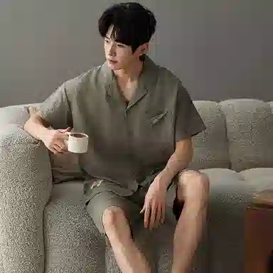 夏芬妍 简约舒适柔软字母提花云朵棉翻领开衫家居服亲肤休闲短袖短裤时尚可外穿睡衣套装 男款 橄榄绿