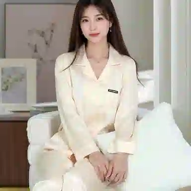 夏芬妍 时尚高级感条纹冰丝翻领家居服简约休闲舒适亲肤宽松长袖长裤可外穿睡衣套装 女款 香槟粉