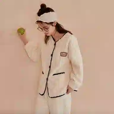 夏芬妍 休闲舒适宽松时尚贴袋开衫家居服加绒加厚保暖蓄温长袖长裤可外穿秋冬款睡衣套装 女款 杏色