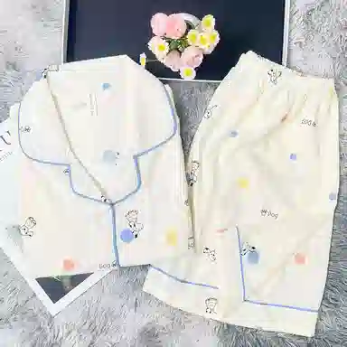 夏芬妍 卡通满印彩点小狗翻领云朵棉短袖短裤家居服可爱舒适休闲简约可外穿睡衣套装 女款 杏色
