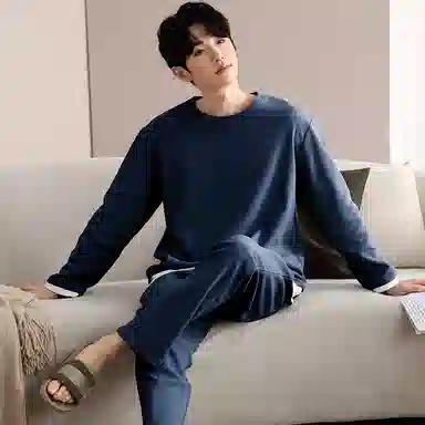 夏芬妍 时尚简约亲肤拼接色纯棉华夫格圆领套头家居服舒适休闲长袖长裤可外穿春秋款睡衣套装 男款 蓝色
