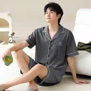 夏芬妍 简约舒适柔软高级感纯色纯棉翻领开衫家居服亲肤休闲短袖短裤时尚可外穿睡衣套装 男款 深灰色