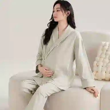 夏芬妍 舒适亲肤纯色带胸垫家居服休闲宽松长袖长裤可外穿产前产后和服月子服睡衣套装 女款 绿色