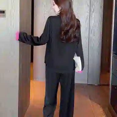 夏芬妍 简约休闲高级感蕾丝翻领家居服舒适亲肤长袖长裤可外穿睡衣套装 女款 黑色