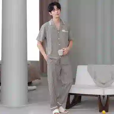 夏芬妍 简约舒适凉感经典格纹休闲亲肤短袖长裤时尚可外穿翻领家居服睡衣套装 男款