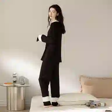 夏芬妍 简约高级感开衫家居服保暖蓄温可外穿长袖长裤睡衣套装 女款 黑色