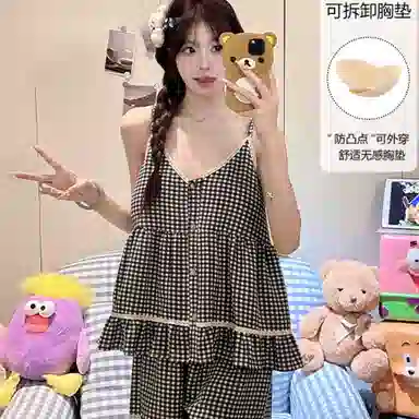 夏芬妍 甜美蕾丝格子舒适亲肤宽松吊带短裤简约休闲带可拆卸胸垫可外穿家居服夏季睡衣套装 女款