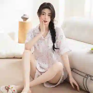 夏芬妍 甜美可爱卡通婴儿棉双层纱翻领短袖短裤家居服简约休闲可外穿睡衣套装 女款