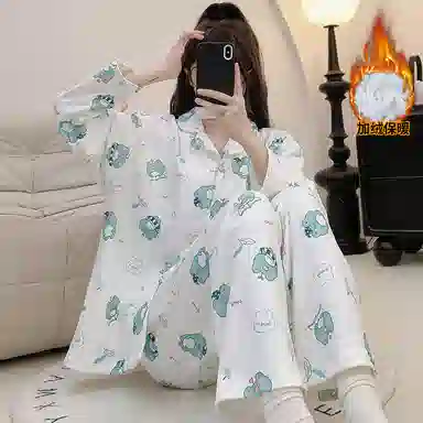 夏芬妍 舒适亲肤小青蛙满印德绒家居服加绒加厚保暖蓄温长袖长裤可外穿秋冬款睡衣礼盒 女款 白绿色