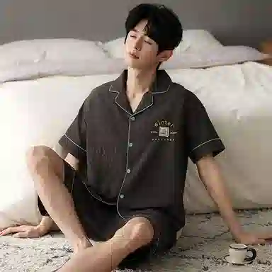 夏芬妍 简约舒适柔软字母提花云朵棉翻领开衫家居服亲肤休闲短袖短裤时尚可外穿睡衣套装 男款 棕色