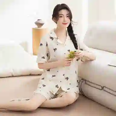 夏芬妍 甜美可爱卡通婴儿棉双层纱翻领短袖短裤家居服简约休闲可外穿睡衣套装 女款