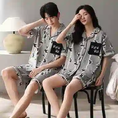 夏芬妍 简约舒适柔软爬树熊猫纯棉翻领家居服透气亲肤宽松短袖短裤可外穿睡衣套装 男女同款