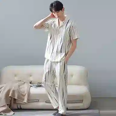 夏芬妍 简约舒适凉感艺术条纹休闲亲肤短袖长裤时尚可外穿翻领家居服睡衣套装 男款
