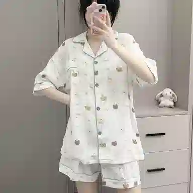 夏芬妍 柔软舒适派对萌宠云朵棉开衫家居服亲肤休闲短袖短裤时尚可外穿睡衣套装 女款 杏色