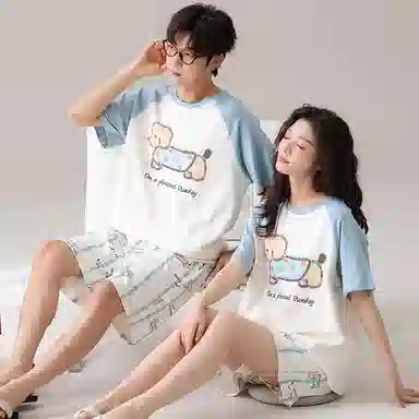 夏芬妍 柔软条纹萌狗翻领家居服休闲舒适短袖短裤时尚可外穿睡衣套装 男女同款