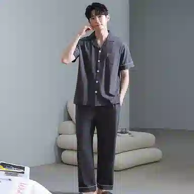 夏芬妍 简约舒适凉感休闲亲肤短袖长裤时尚可外穿翻领纯色家居服睡衣套装 男款