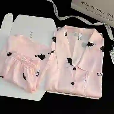 夏芬妍 甜美可爱卡通小黑猫冰丝翻领短袖短裤家居服柔软舒适休闲可外穿夏季睡衣套装 女款