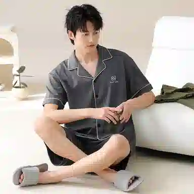 夏芬妍 简约舒适柔软高级感纯色纯棉翻领开衫家居服亲肤休闲短袖短裤时尚可外穿睡衣套装 男款 深灰色