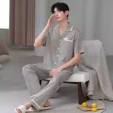 夏芬妍 简约舒适凉感经典格纹休闲亲肤短袖长裤时尚可外穿翻领家居服睡衣套装 男款