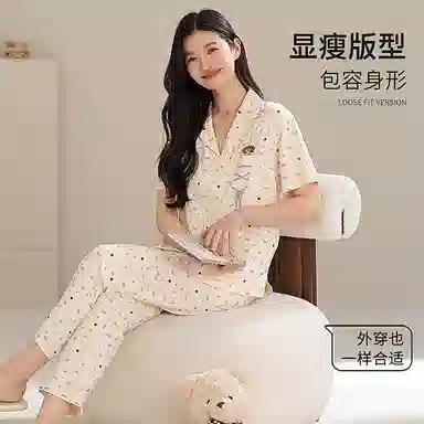 夏芬妍 时尚柔软亲肤波点绑绳翻领开衫家居服简约休闲舒适短袖长裤可外穿睡衣套装 女款 米黄色