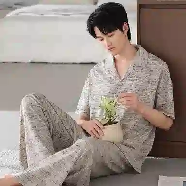 夏芬妍 简约时尚大方柔软舒适横条纹翻领家居服亲肤休闲短袖长裤可外穿睡衣套装 男款 浅棕色