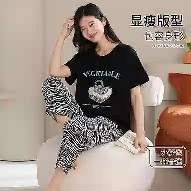 夏芬妍 简约大方柔软字母果篮圆领开衫家居服亲肤休闲舒适短袖长裤可外穿睡衣套装 女款 黑色