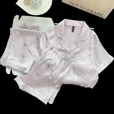 夏芬妍 简约休闲高级感蝴蝶冰丝翻领带胸垫家居服舒适亲肤短袖可外穿睡衣套装 女款 紫色