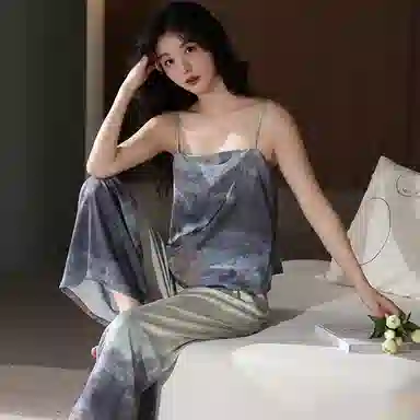 夏芬妍 简约舒适凉感国风山水亲肤休闲时尚可外穿无袖长裤夏季睡衣套装 女款 图片色