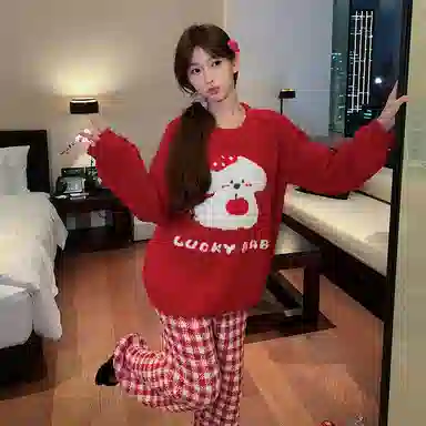 夏芬妍 简约甜美柔软亲肤苹果小狗英文格子裤半边绒家居服加绒加厚蓄温保暖长袖长裤可外穿秋冬款睡衣套装 女款 红色