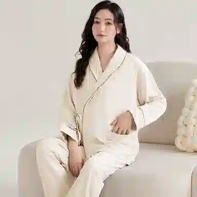 夏芬妍 舒适亲肤纯色带胸垫家居服休闲宽松长袖长裤可外穿产前产后和服月子服睡衣套装 女款 杏色