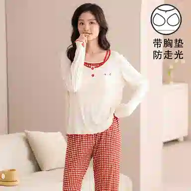 夏芬妍 时尚舒适柔软甜美假两件格子带胸垫家居服简约休闲亲肤宽松长袖长裤可外穿睡衣套装 女款 红色