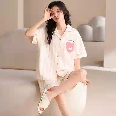 夏芬妍 甜美可爱条纹爱心小狗舒适亲肤宽松短袖短裤时尚翻领可外穿家居服睡衣套装 女款 杏色