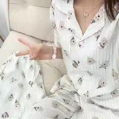 夏芬妍 柔软舒适条纹萌狗云朵棉翻领开衫家居服亲肤休闲短袖三件套时尚可外穿睡衣套装 女款 蓝色