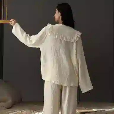 夏芬妍 时尚轻盈舒适柔软甜美公主领婴儿棉双层纱家居服休闲亲肤宽松长袖长裤可外穿睡衣套装 女款 杏色