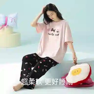 夏芬妍 时尚舒适柔软蝴蝶结樱桃小猫莫代尔棉家居服凉感透气亲肤宽松短袖长裤可外穿睡衣套装 女款 粉色