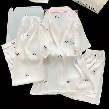 夏芬妍 简约休闲高级感法斗冰丝翻领带胸垫家居服舒适亲肤宽松长袖长裤可外穿睡衣套装 女款 杏色