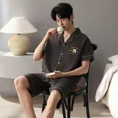 夏芬妍 简约舒适柔软字母提花云朵棉翻领开衫家居服亲肤休闲短袖短裤时尚可外穿睡衣套装 男款 棕色