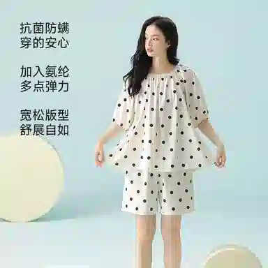 夏芬妍 柔软舒适透气亲肤波点圆领家居服休闲凉感短袖时尚可外穿睡衣套装 女款 杏色