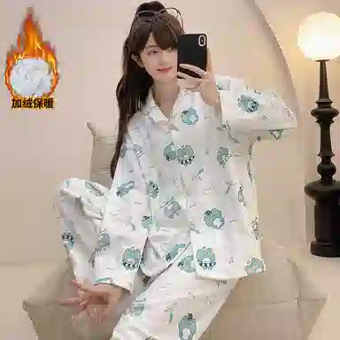 夏芬妍 舒适亲肤小青蛙满印德绒家居服加绒加厚保暖蓄温长袖长裤可外穿秋冬款睡衣礼盒 女款 白绿色