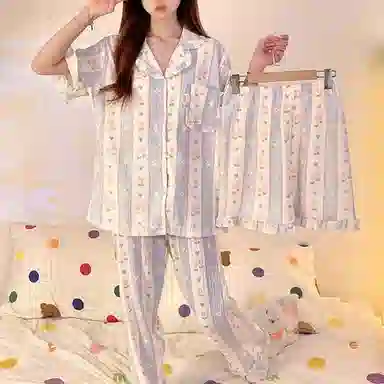 夏芬妍 柔软舒适条纹郁金香碎花云朵棉翻领开衫带胸垫家居服亲肤休闲短袖三件套时尚可外穿睡衣套装 女款 淡蓝色