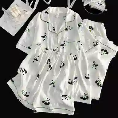 夏芬妍 柔软舒适卡通竹叶熊猫云朵棉翻领开衫家居服亲肤休闲短袖三件套时尚可外穿睡衣套装 女款 杏色