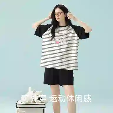 夏芬妍 柔软舒适透气亲肤条纹萌狗圆领家居服休闲凉感短袖时尚可外穿睡衣套装 女款 黑色
