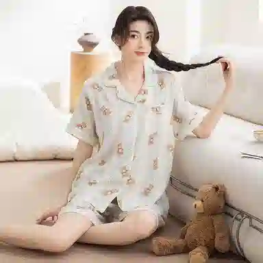 夏芬妍 甜美可爱卡通婴儿棉双层纱翻领短袖短裤家居服简约休闲可外穿睡衣套装 女款