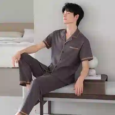 夏芬妍 简约时尚大方柔软舒适纯色字母边翻领家居服亲肤休闲短袖长裤可外穿睡衣套装 男款