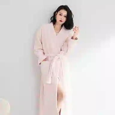夏芬妍 时尚柔软亲肤纯色加绒加厚蓄温保暖舒适宽松长款休闲家居服睡袍 女款 粉色