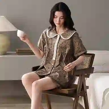 夏芬妍 简约舒适柔软复古蕾丝纯棉翻领家居服透气亲肤宽松短袖短裤可外穿睡衣套装 女款 棕色