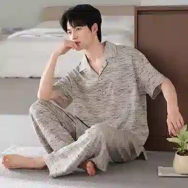 夏芬妍 简约时尚大方柔软舒适横条纹翻领家居服亲肤休闲短袖长裤可外穿睡衣套装 男款 浅棕色