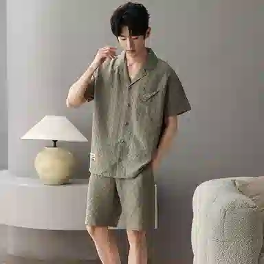 夏芬妍 简约舒适柔软字母提花云朵棉翻领开衫家居服亲肤休闲短袖短裤时尚可外穿睡衣套装 男款 橄榄绿