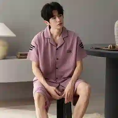 夏芬妍 简约舒适柔软字母提花云朵棉翻领开衫家居服亲肤休闲短袖短裤时尚可外穿睡衣套装 男款 紫粉色